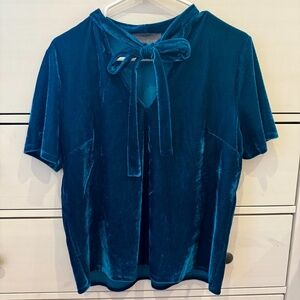 Sunday in Brooklyn Teal Velvet Bow Tie V-Neck Top, Size M